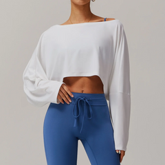 One-Shoulder Bat Sleeve Yoga Hoodie – Women's Casual Fitness Long Sleeve Top