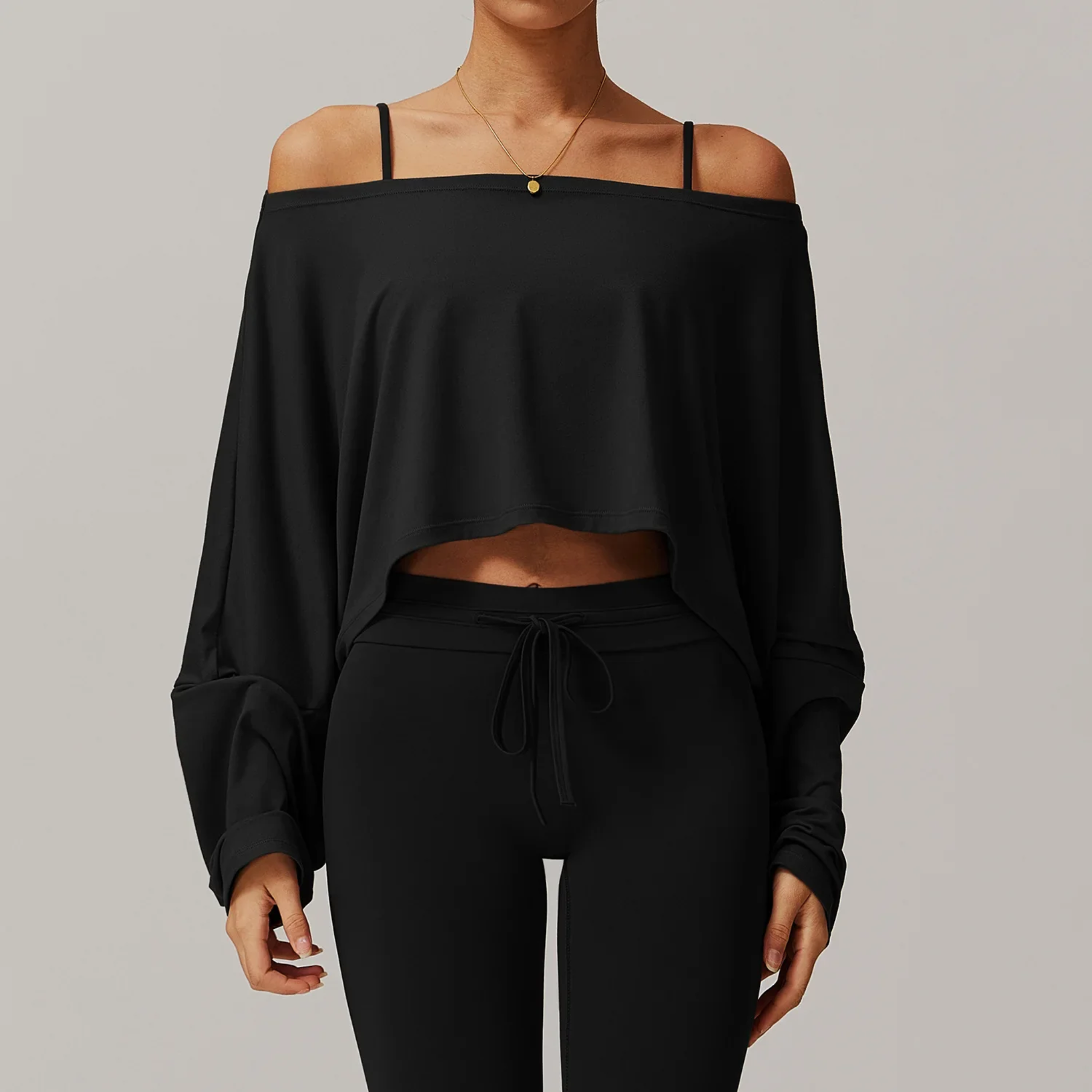One-Shoulder Bat Sleeve Yoga Hoodie – Women's Casual Fitness Long Sleeve Top